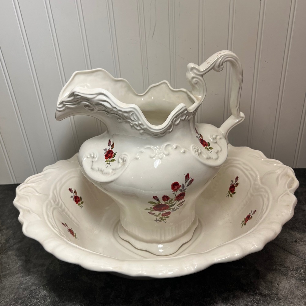 Vintage Ceramic Pink Rose Pitcher Basin Set | Cottage